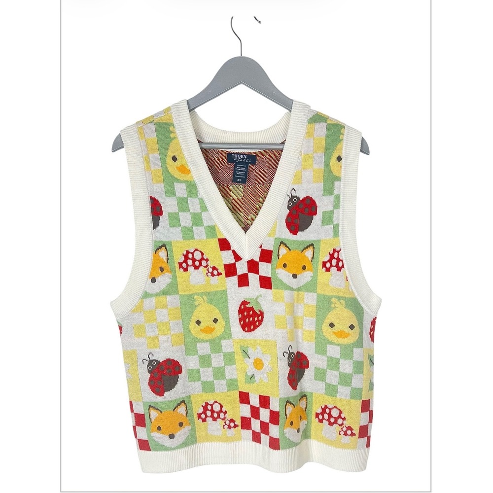 Thorn & Fable Cottagecore Fox Mushroom Chick Knit Sweater Vest XL Multi-Color